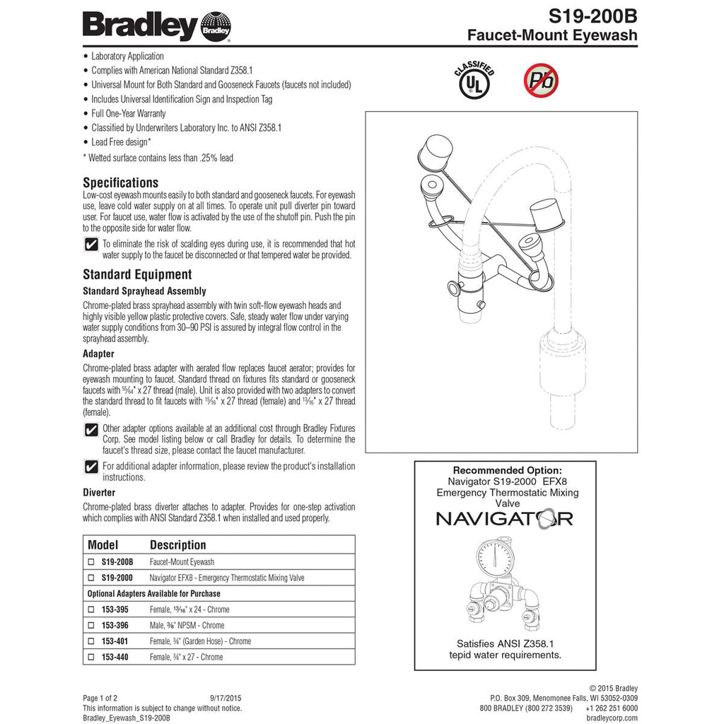 Bradley S19-200B Faucet Mount Eyewash Station Bradley Safety Equipment 