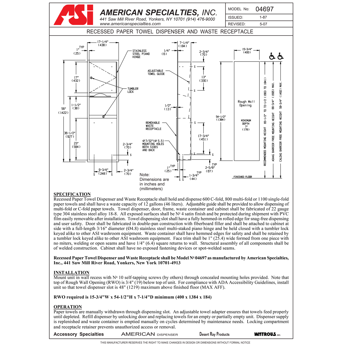 ASI 04697 Paper Towel Dispenser & Waste Receptacle, Recessed