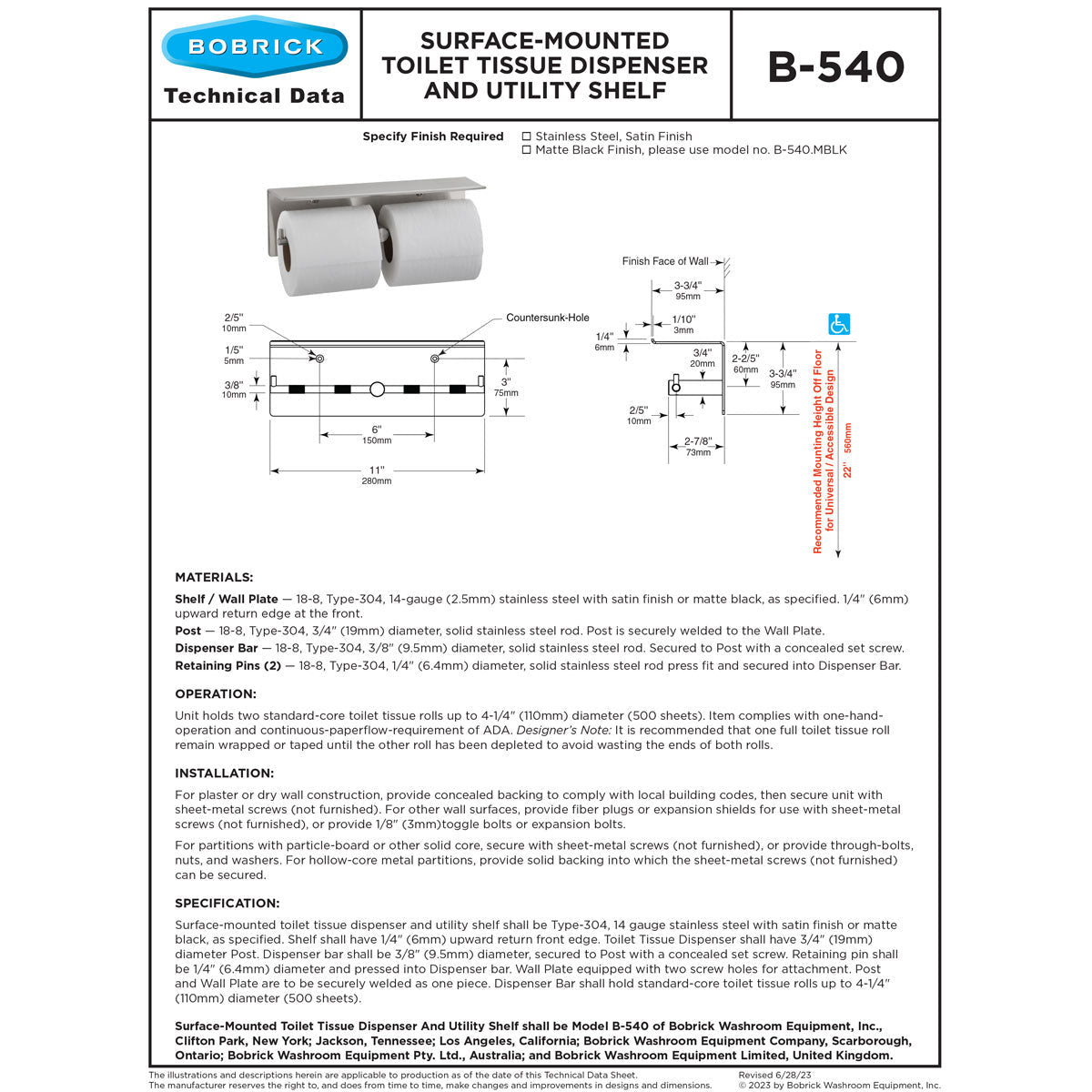 Bobrick B-76867 Surface-Mounted Toilet Tissue Dispenser For Two Rolls