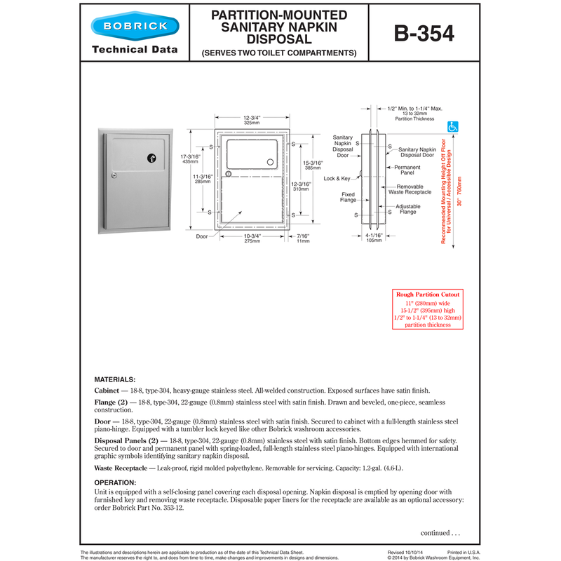 Bobrick B-354  Sanitary Napkin Disposal, Partition-Mount, Stainless