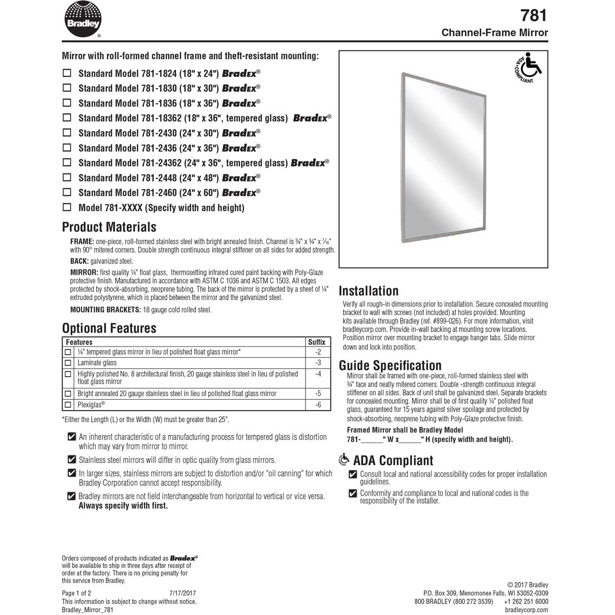 Bradley 781-018300 (18 x 30) Commercial Restroom Mirror, Channel Frame, 18x30