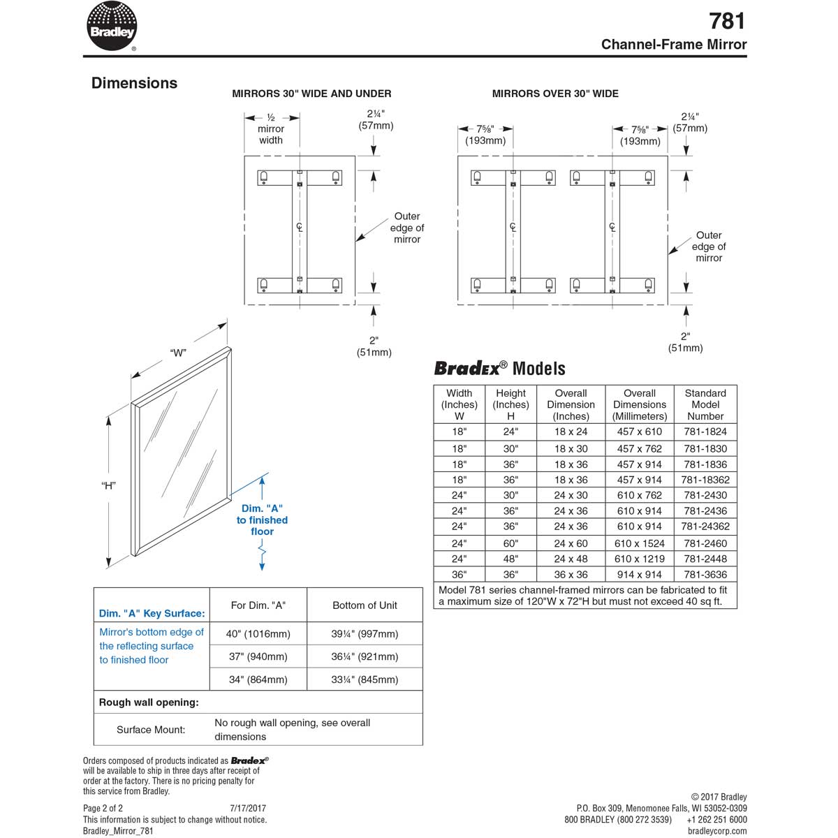 Bradley 781-018300 (18 x 30) Commercial Restroom Mirror, Channel Frame, 18x30