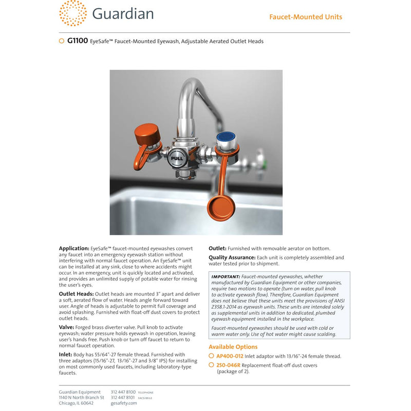 Guardian G1100 EyeSafe Faucet-Mounted Eyewash Station w/ 3" Outlet Heads