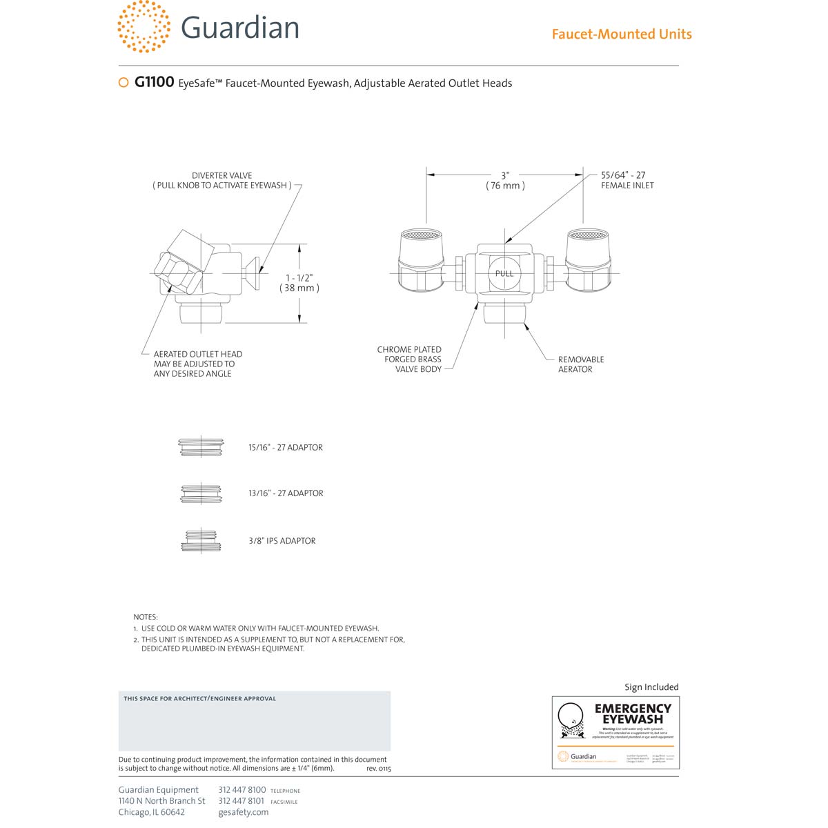 Guardian G1100 EyeSafe Faucet-Mounted Eyewash Station w/ 3