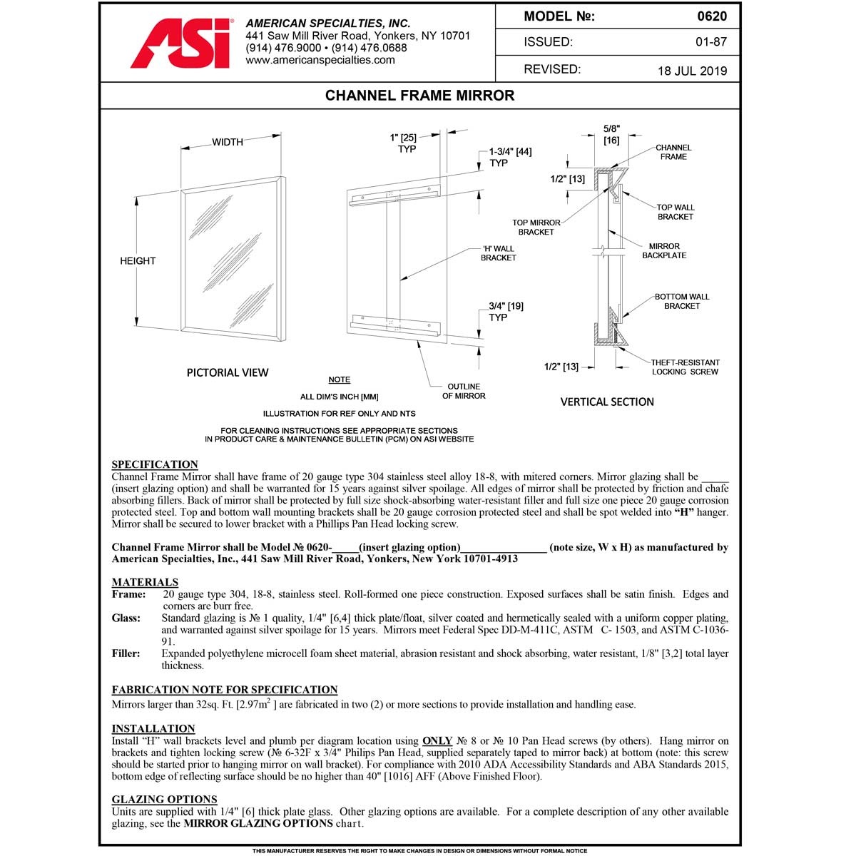 ASI 0620-1836 (18 x 36) Stainless Steel Channel Frame Mirror, 18