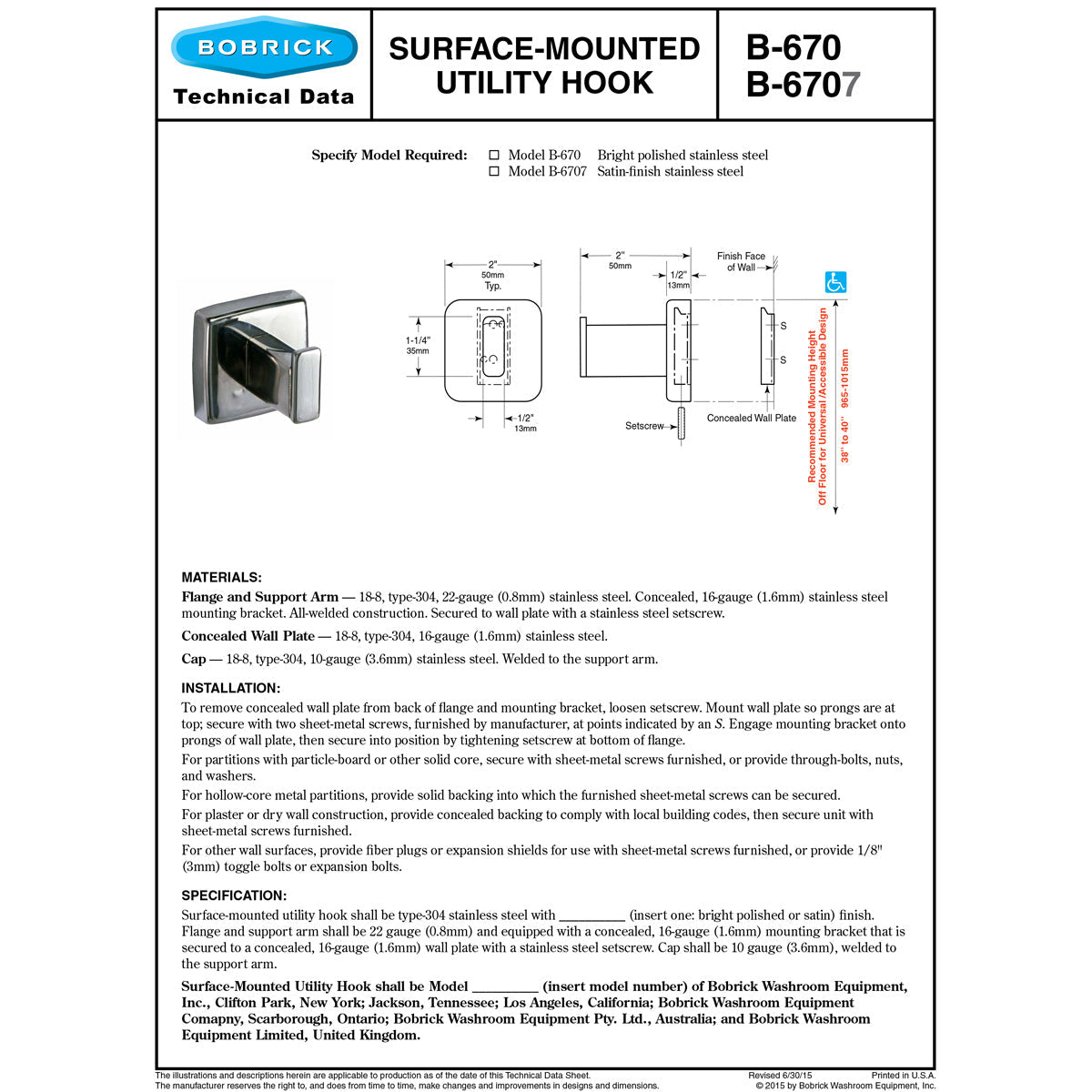 Bobrick B-6707 Stainless Steel Restroom Utility Hook, Surface Mounted