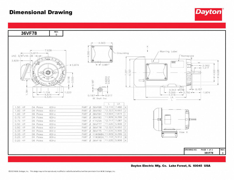 Dayton 1/2 HP, General Purpose Motor, 3-Phase, 1160 Nameplate RPM, 230/460 Voltage, 56C Frame - 36VF78