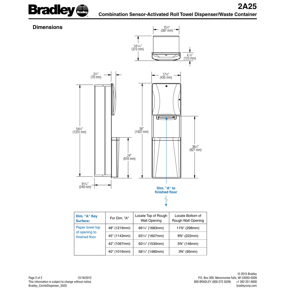 Bradley 2A25-1036 Paper Towel Dispenser Waste Receptacle Unit, Semi-Recessed