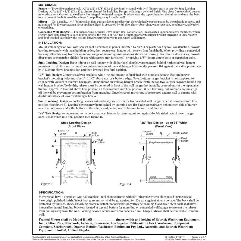 Bobrick B-1658 2436 Tempered Glass Channel Frame Mirror 24x36