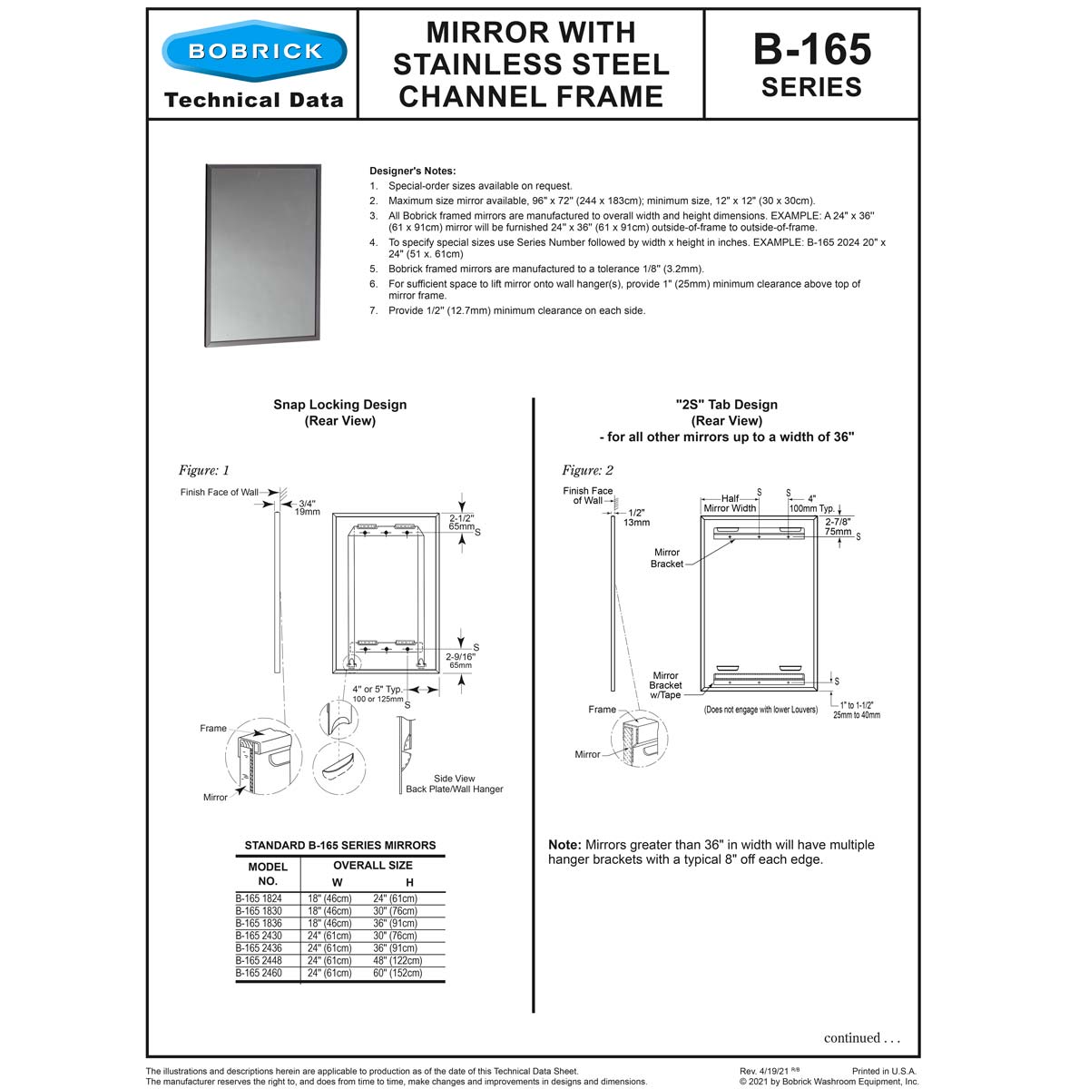 Bobrick B-165 1836 (18 x 36) Channel-Frame Mirror 18x36