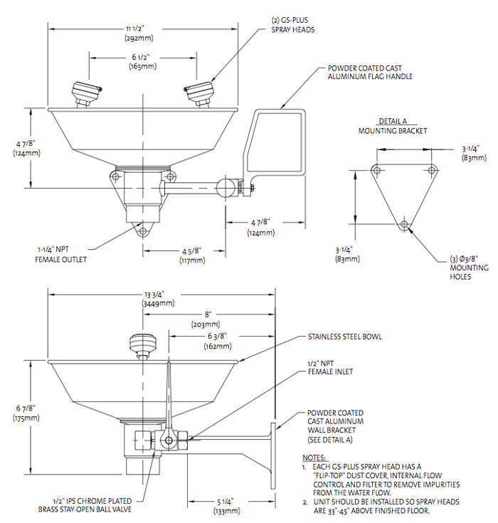 Guardian G1814 Wall Mount Emergency Eyewash Station, Stainless Steel